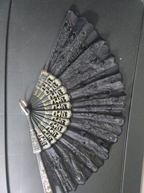 Black Lace Folding Hand Fan with Gold Accent